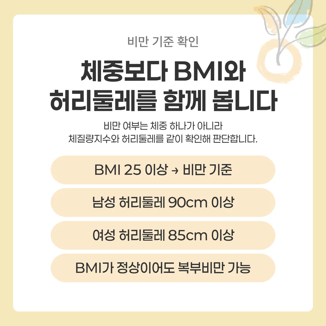 체질량지수 25와 허리둘레 90·85cm 기준, 정상체중 복부비만이 갈리는 도식