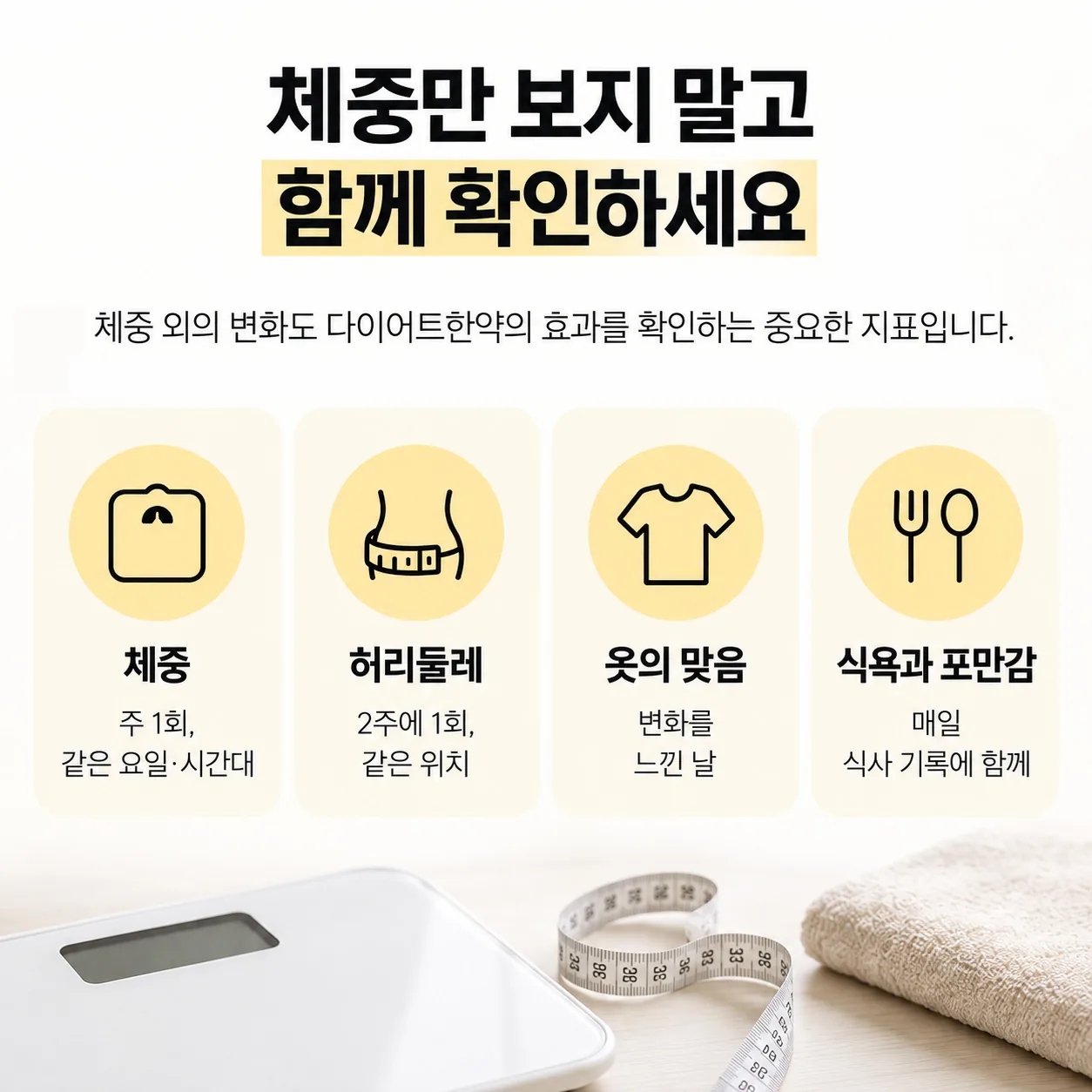 체중과 함께 허리둘레·옷의 맞음·식욕 기록을 나란히 보는 개념도