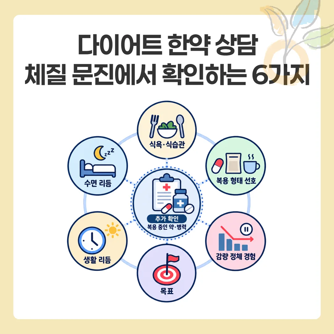 다이어트 한약 상담에서 묻는 여섯 가지 문진 축 개념도