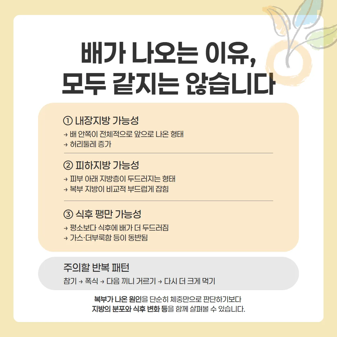 복부비만 한약 상담에서 내장지방 피하지방 식후 팽만을 가르는 판단 흐름 개념도