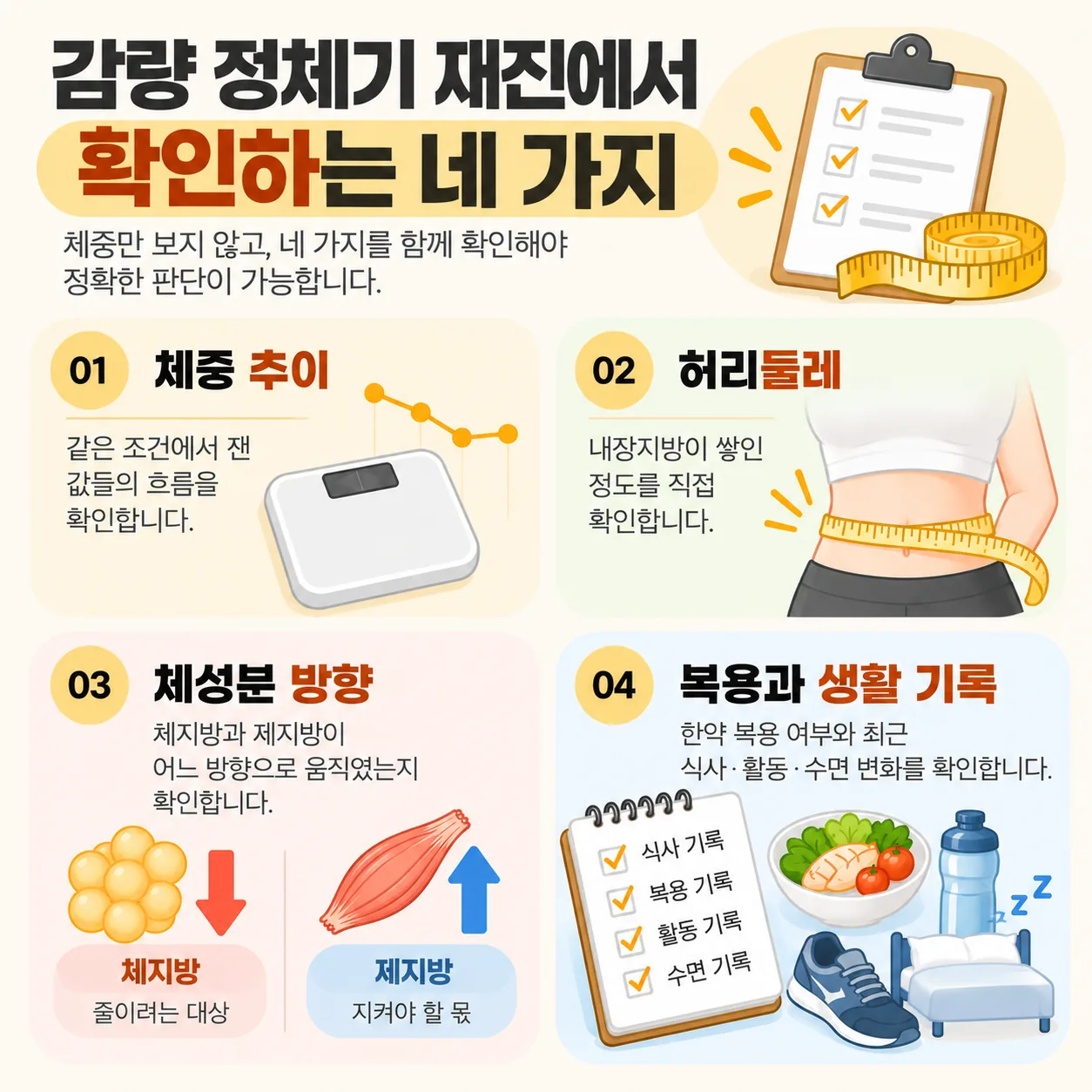 체중 추이, 허리둘레, 체성분 방향, 복용과 생활 기록을 재진 확인 항목으로 묶은 개념도