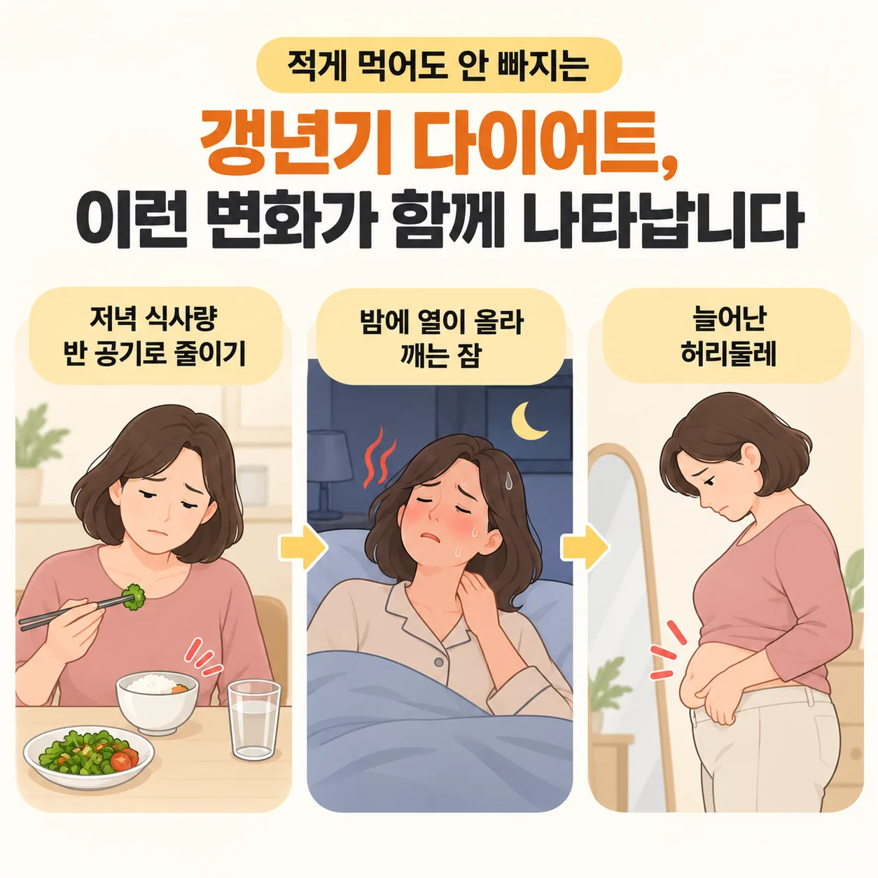 갱년기 다이어트에서 적게 먹어도 체중이 잘 줄지 않는 상황을 보여주는 개념 일러스트