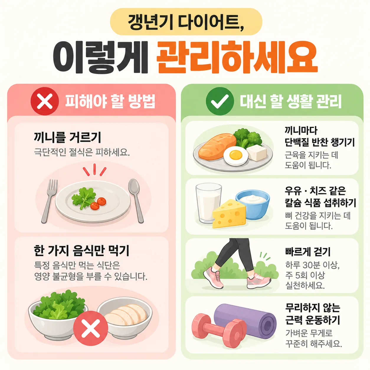 갱년기 다이어트에서 피할 방법과 대신 할 생활 관리를 두 칸으로 나눈 표