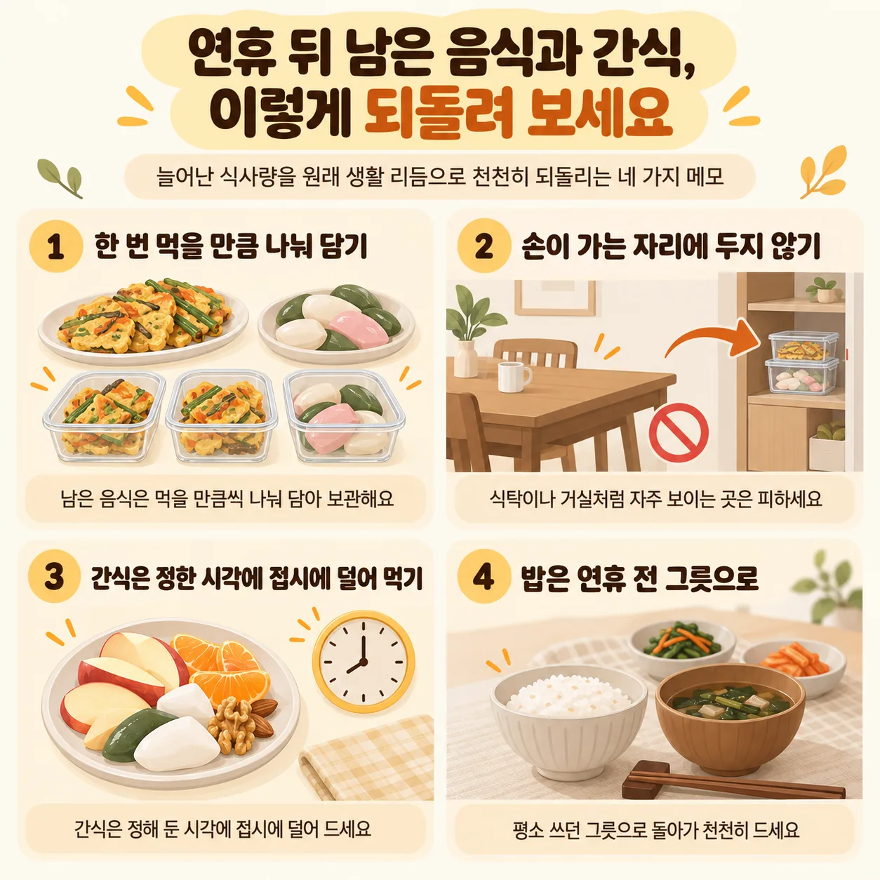 연휴 뒤 남은 명절 음식과 간식 양을 되돌리는 네 가지 생활 메모 표