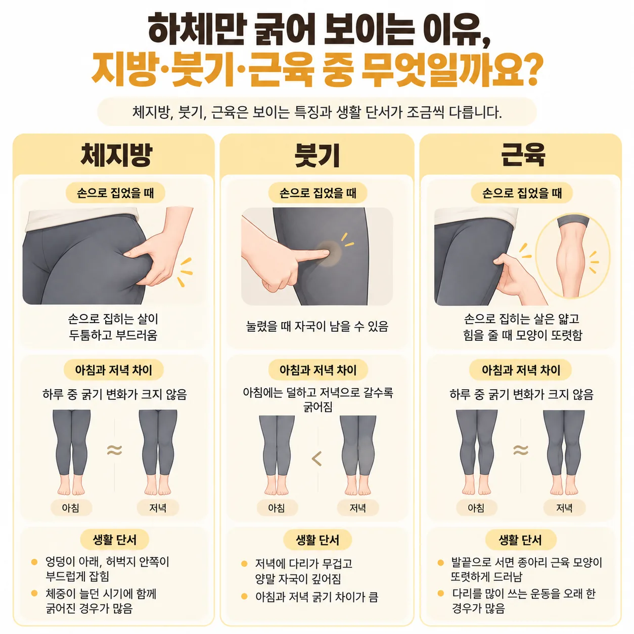 하체가 굵어 보이는 체지방, 붓기, 근육의 생활 단서 비교표