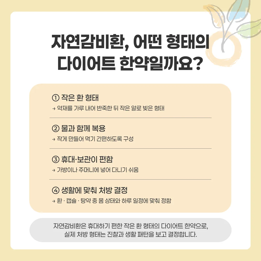 환으로 된 다이어트 한약을 물과 함께 챙기는 휴대 형태 개념 그림