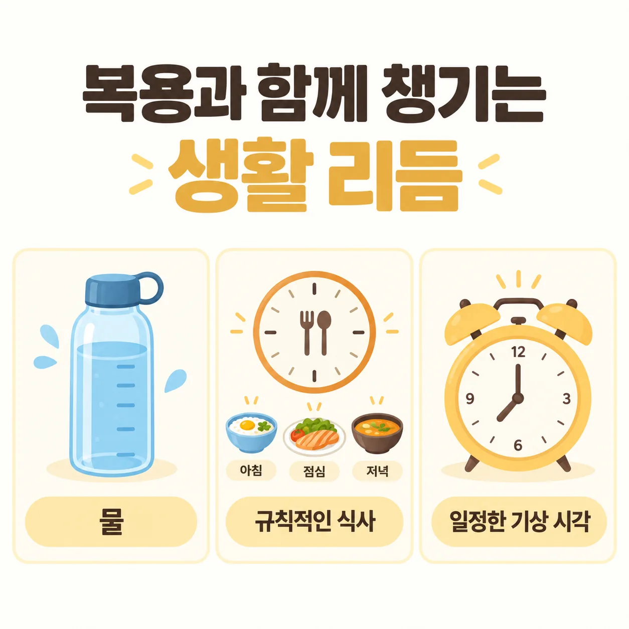 복용 기간 물 마시기와 규칙적인 식사, 일정한 기상 시각을 세 칸으로 정리한 도식