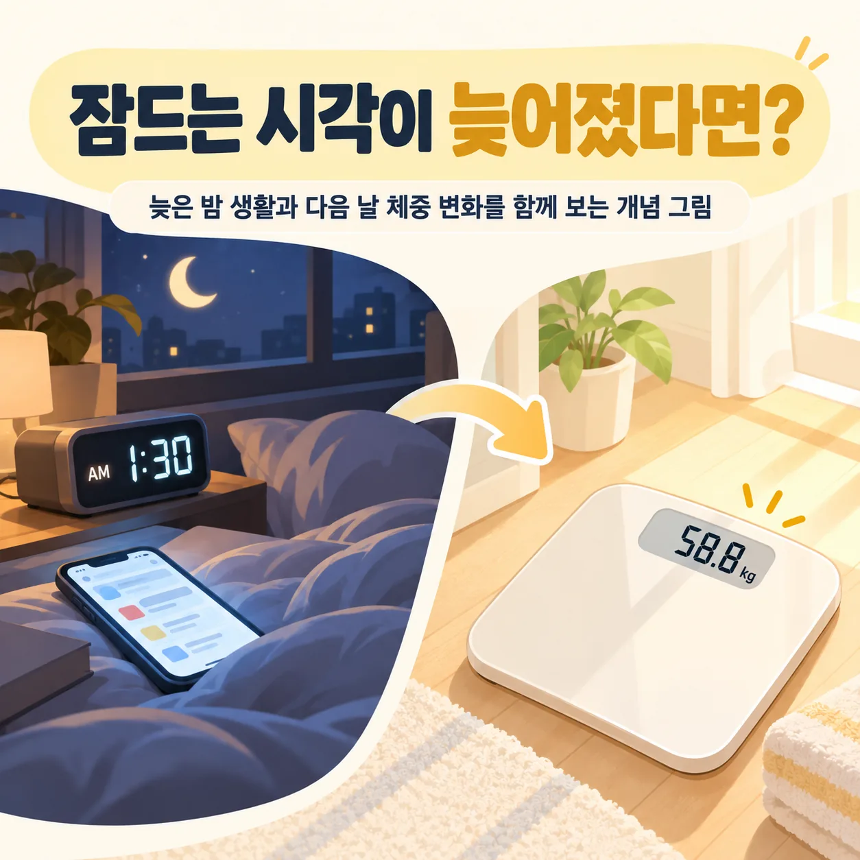 잠드는 시각이 늦어진 생활과 체중 변화를 함께 보여 주는 개념 그림